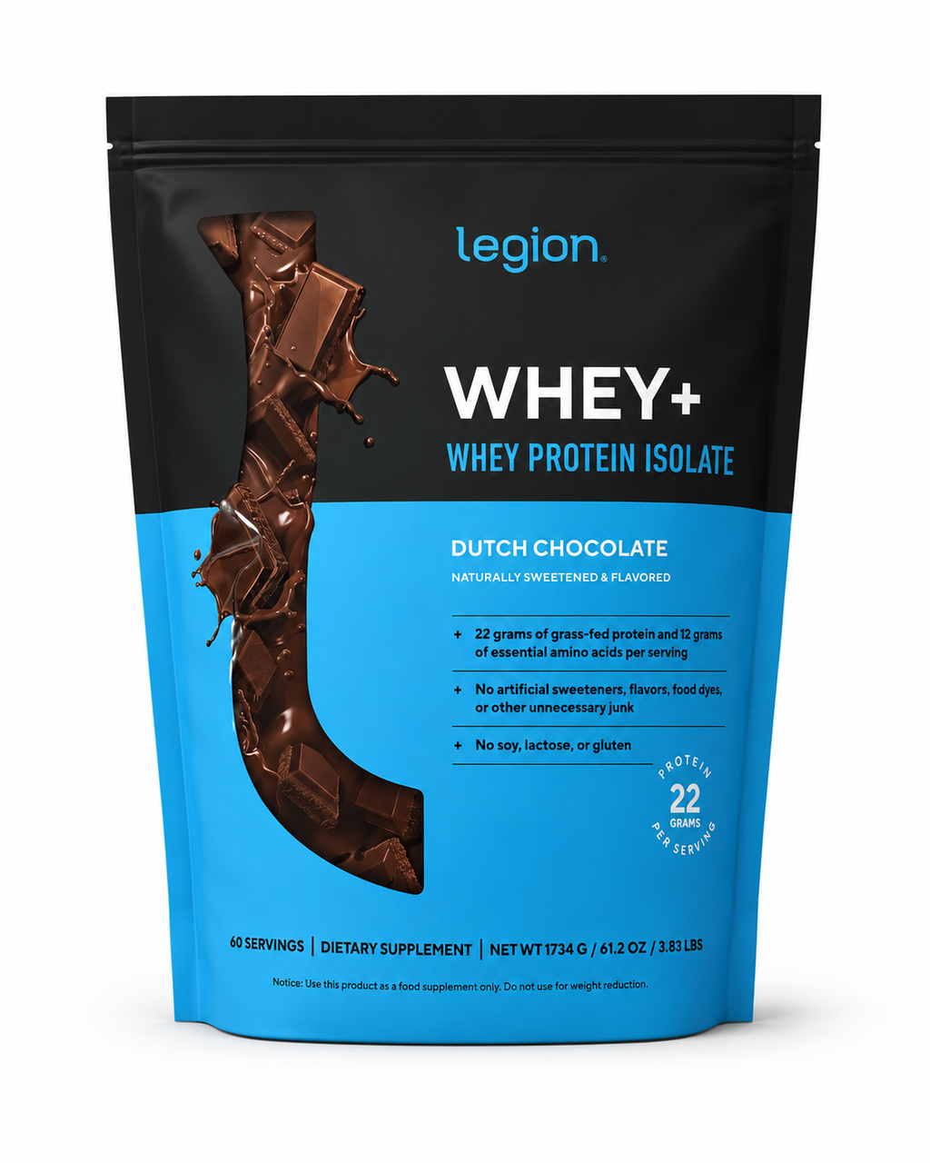 LEGION Whey Protein Powder 60 Servings Dutch Chocolate 1.8kg